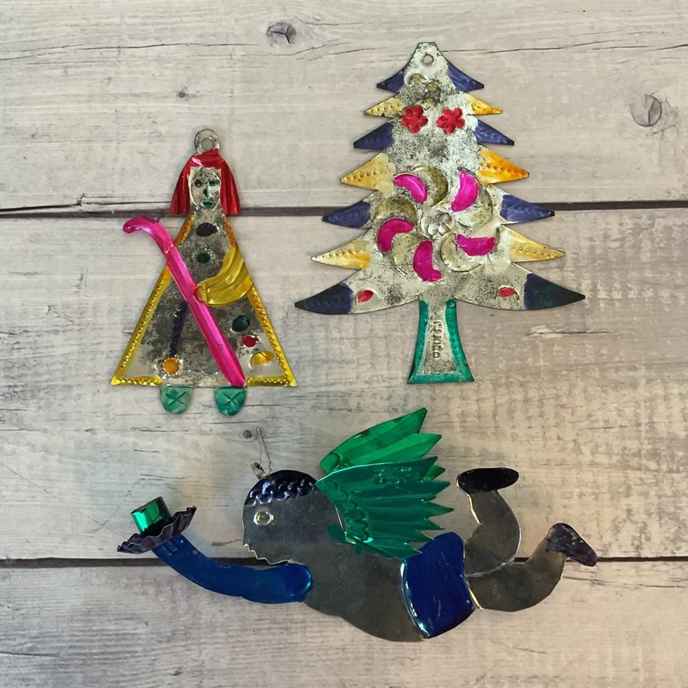 Mexican Tin Christmas Ornaments Set of 3 Hand Painted Folk Art Tree Angel Figure